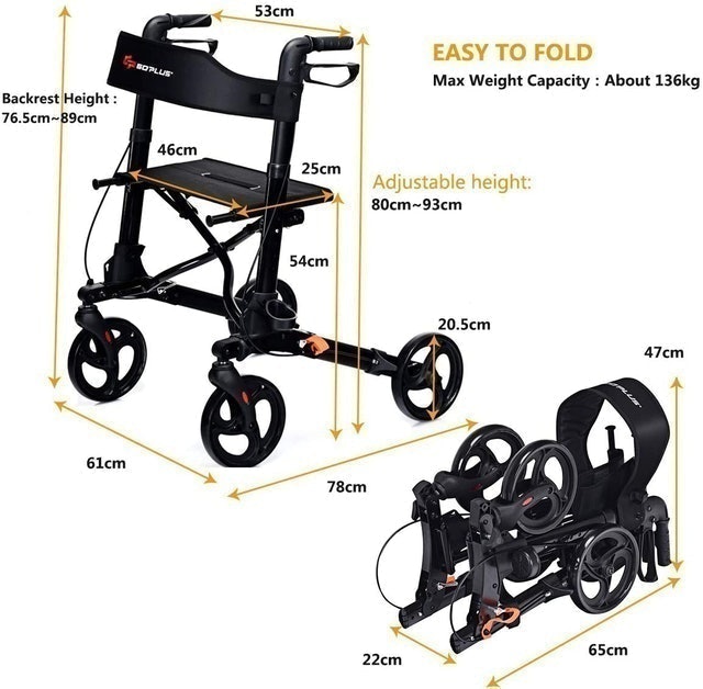Lightweight Four Wheel Rollator with Seat, Adjustable Height 2