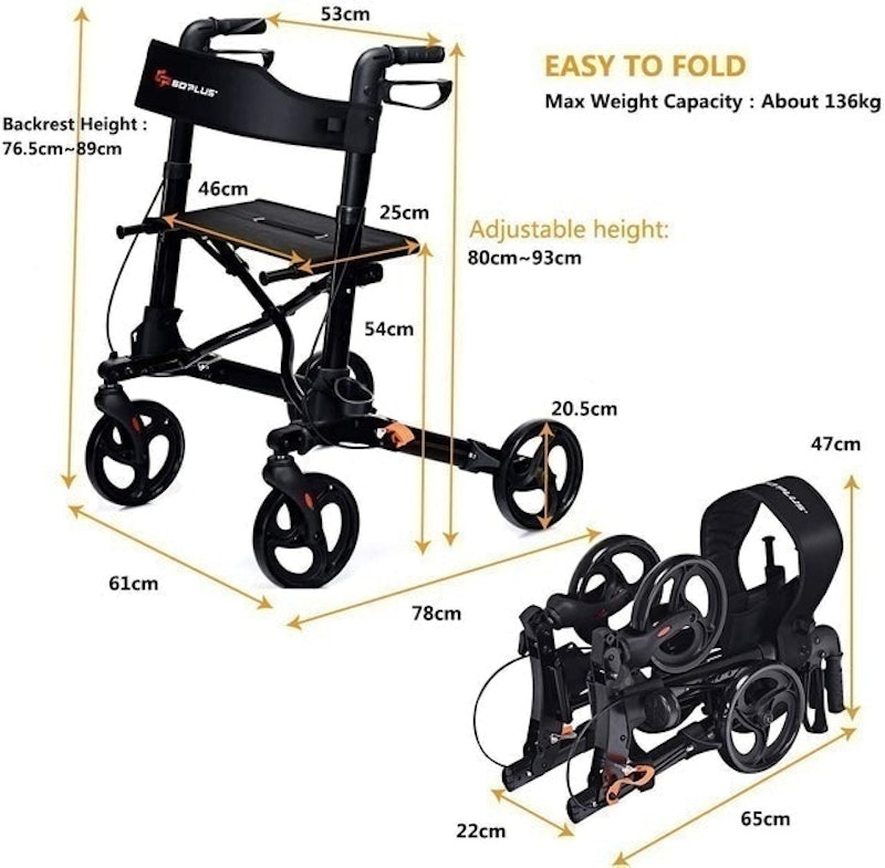 Lightweight Four Wheel Rollator with Seat, Adjustable Height 2
