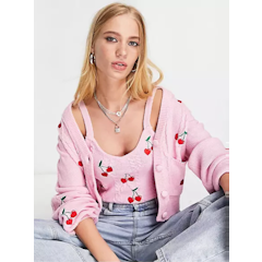 Cable Cardigan With Cherry Embroidery