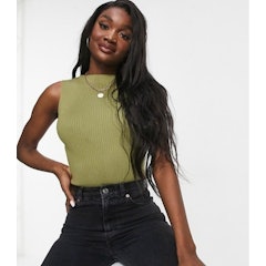 Tall Knitted Slash Neck Bodysuit in Khaki