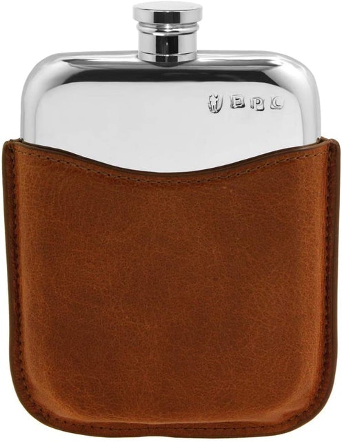 7. English Pewter Company Pewter Hip Flask with Brass Badge 1