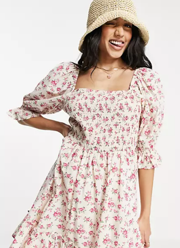 Tie Back Shirred Smock Dress in White Floral 1