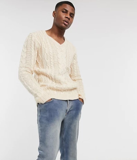 Heavyweight Cable Knit V-neck Jumper 1