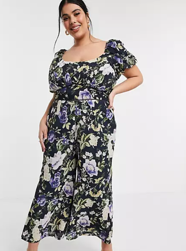 Puffed Sleeve Navy Floral Plus Size Culotte Jumspuit 1
