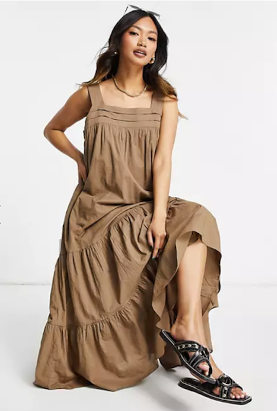 Organic Cotton Tiered Volume Maxi Dress in Brown 1