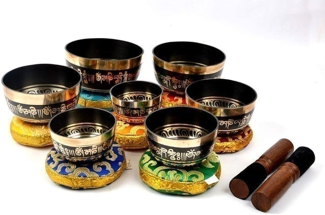 Tibetan Set of 7 Buddha Eye Printed Meditation Singing Bowls 1