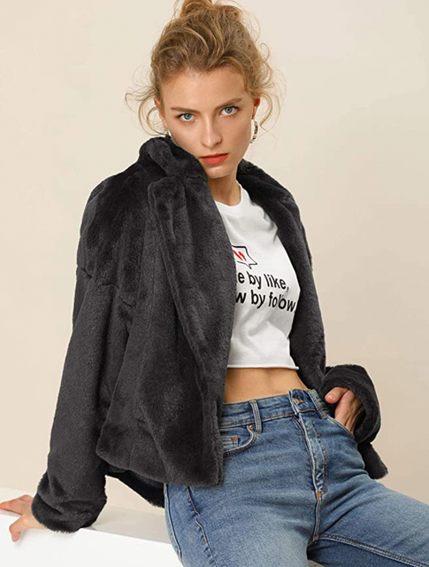 Cropped Fluffy Jacket Notch Lapel Winter Faux Fur Coat 1