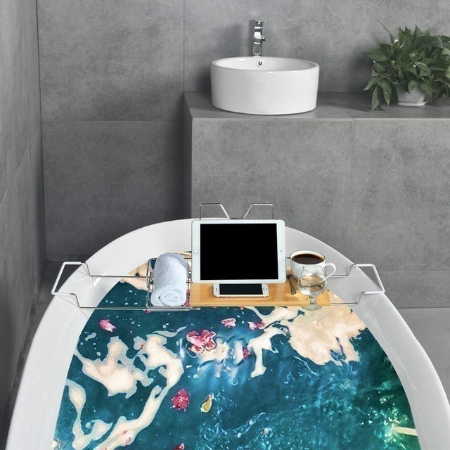 Stainless Steel and Bamboo Bathtub Caddy  5