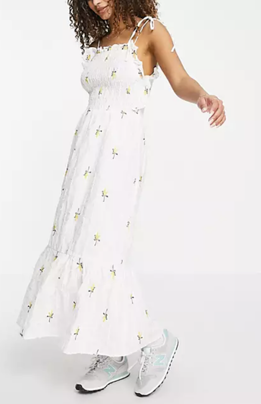 Textured Shirred Midi Dress With Floral Embroidery in White 1