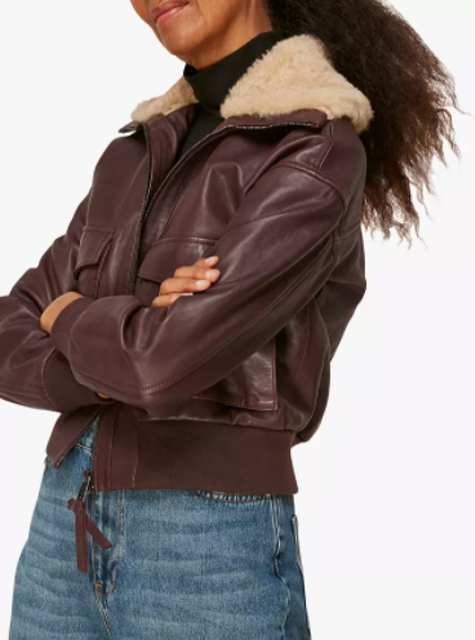 Shearling Collar Leather Bomber Jacket 2