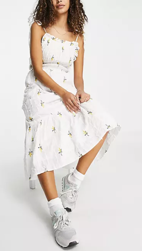 Textured Shirred Midi Dress With Floral Embroidery in White 2
