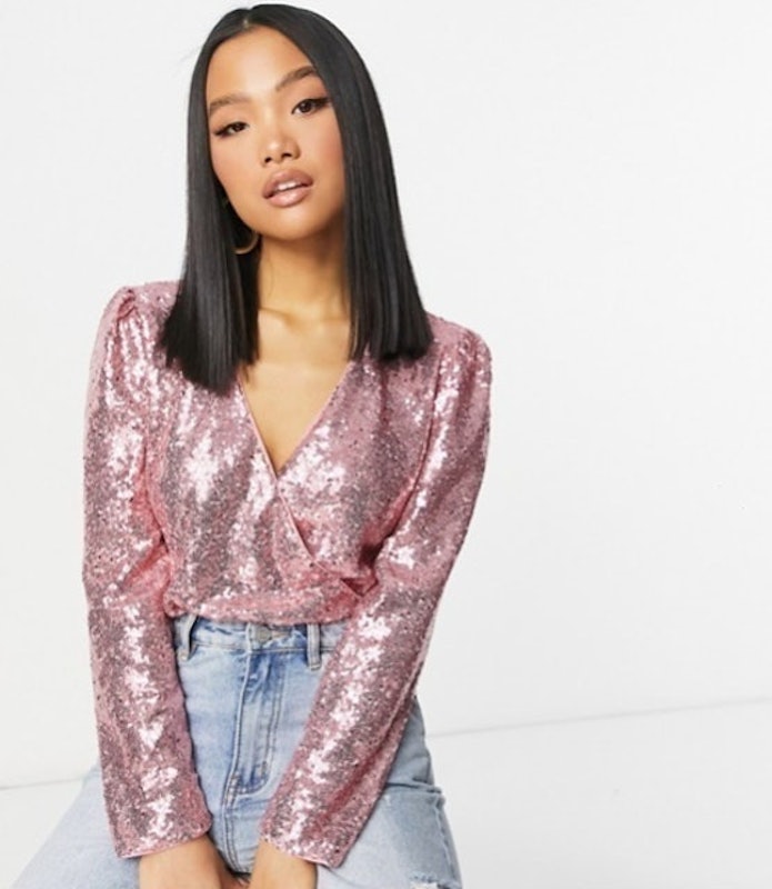 Petite Sequin Bodysuit in Metallic Pink 1