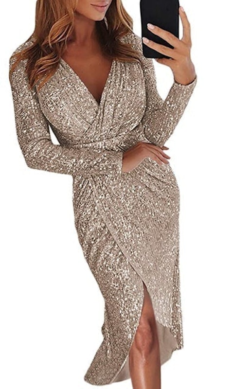 Long Sleeve Deep V Neck Sequins Wrapped Midi Dress 1