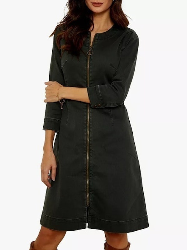 Zip Front Collarless Denim Dress 1
