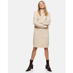 Cable Knit Midi Jumper Dress in Ivory