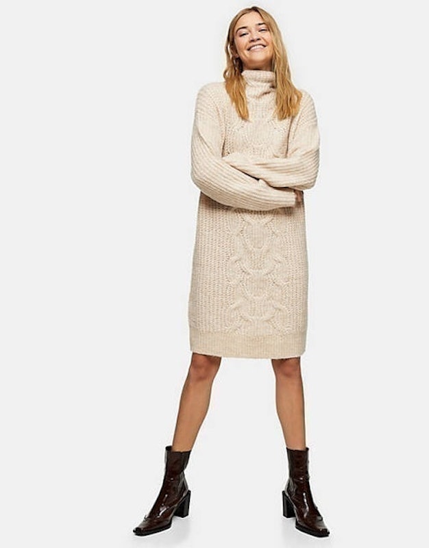 Cable Knit Midi Jumper Dress in Ivory 1