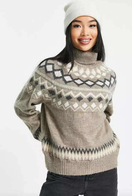 Fairisle Roll Neck Jumper in Brown 2