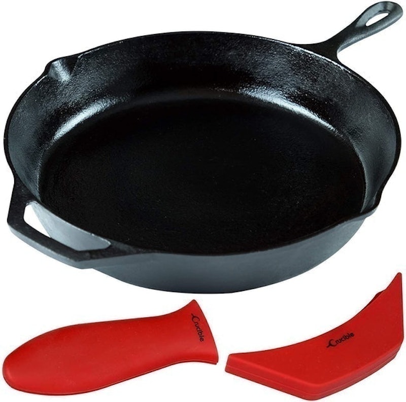 Cuisinel cast iron cookware 6-pc set - 10+12 skillet + glass lids + pizza  pan + pan rack organizer + silicone handle covers + scrape