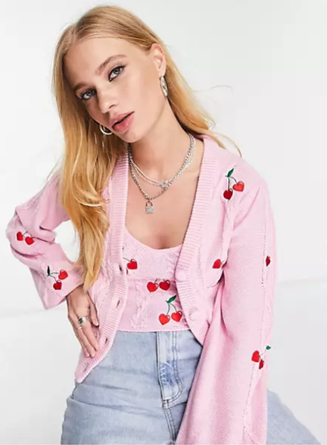 Cable Cardigan With Cherry Embroidery 2