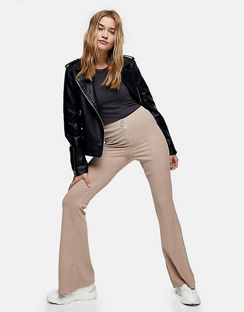 Ribbed Flare Corduroy Trousers in Stone 1