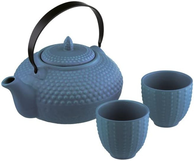 Stoneware Teal Teapot With Infuser and Cups 1