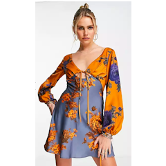 Satin Tie Front Blouson Sleeve Mini Dress