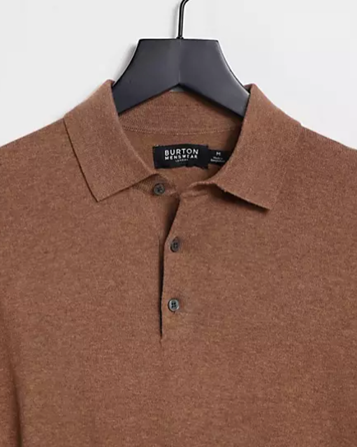 Knitted Long Sleeve Polo in Camel 3