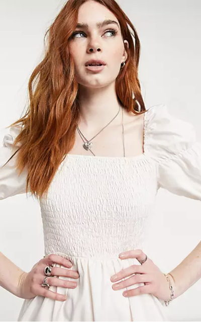 Shirred Puff Sleeve Midi Dress in Pale Pink 1