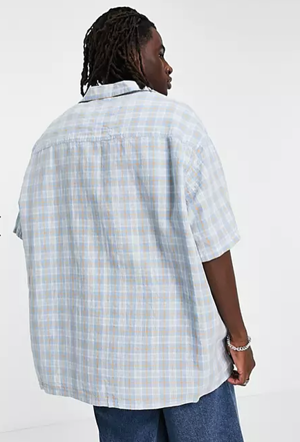 Super Oversized Revere Linen Shirt in Blue Check 2