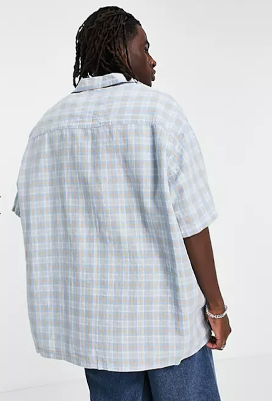 Super Oversized Revere Linen Shirt in Blue Check 2
