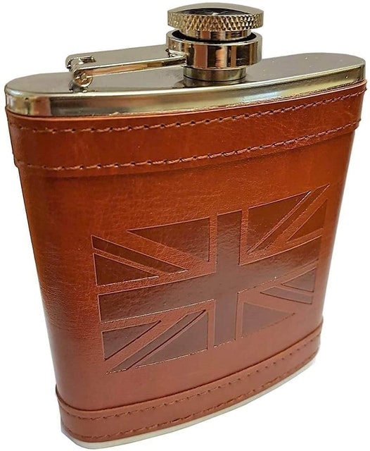 9. Stainless Steel Hip Flask with Union Jack Brown Leather Cover 1