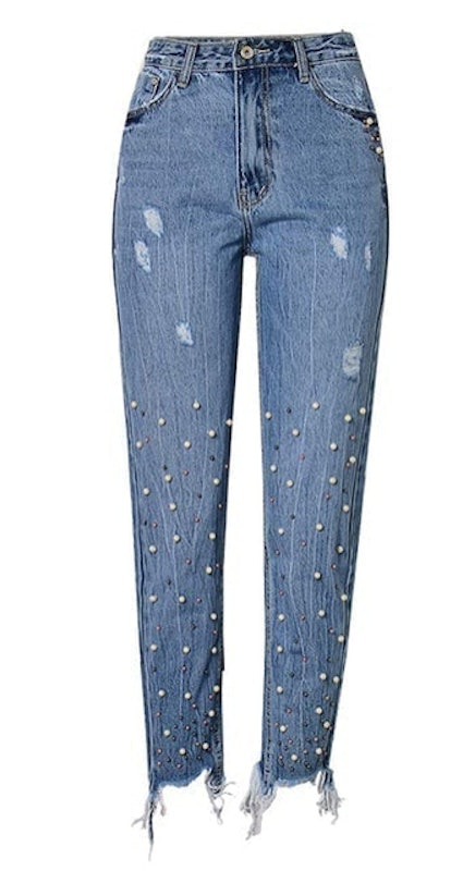 High Waist Jeans With Pearl Detailing 1