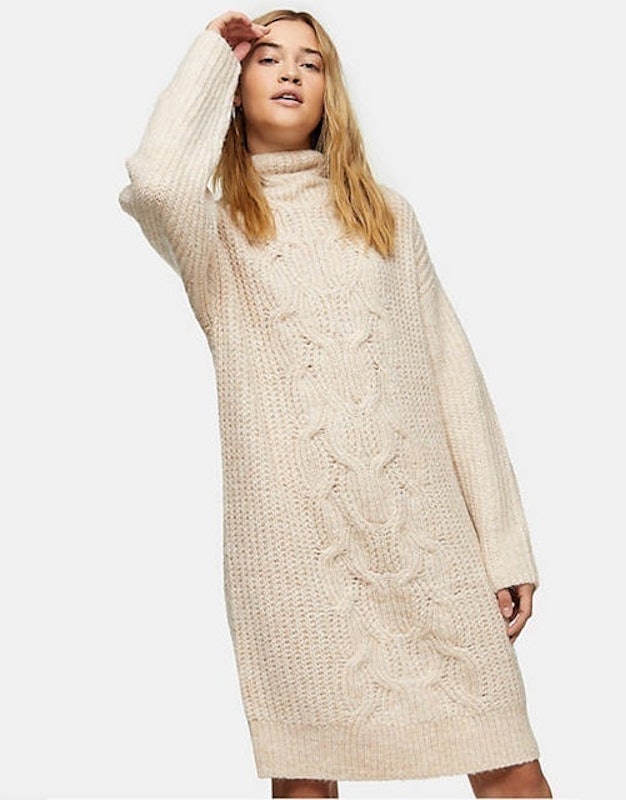 Cable Knit Midi Jumper Dress in Ivory 2