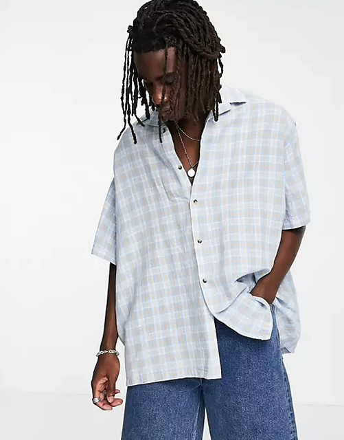 Super Oversized Revere Linen Shirt in Blue Check 1