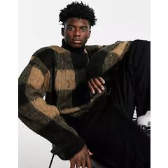 Fluffy Knit Check Roll Neck Jumper