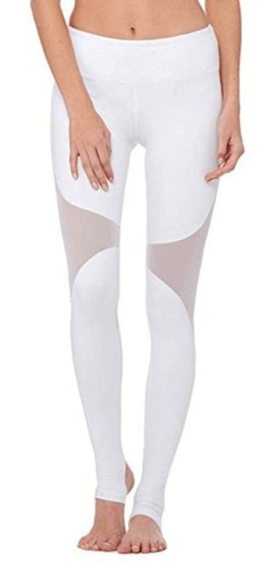 3. Deep Twist Stirrup Yoga Leggings in White with Translucent Mesh Design 1