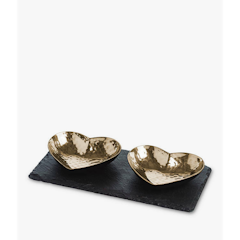 Slate Serving Board & Heart-Shaped Hammered Metal Bowls
