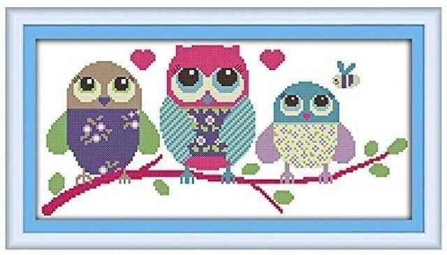 Cross Stitch Kit with Stamped Fabric Three Cartoon Owls 1