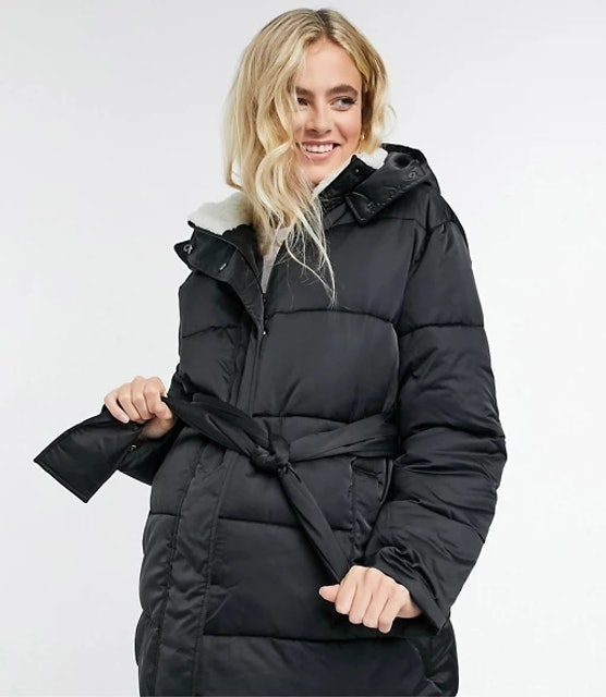 Maternity sateen belted puffer jacket 1