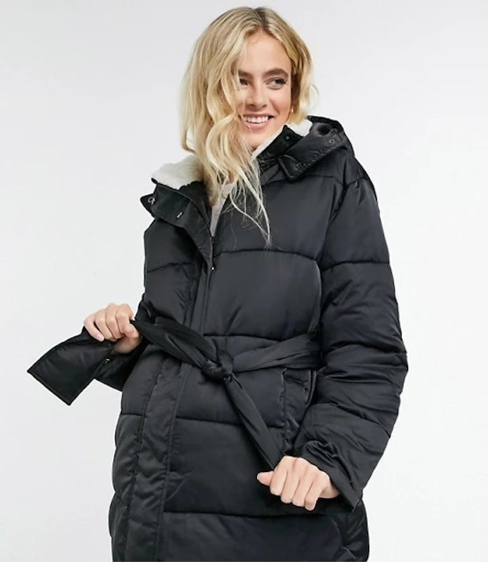 Maternity sateen belted puffer jacket 1