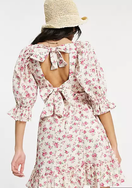 Tie Back Shirred Smock Dress in White Floral 2