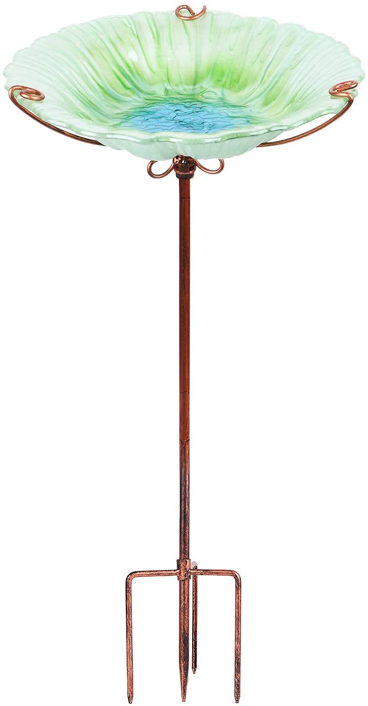Free-Standing Glass Bird Bath with Metal Stake 1