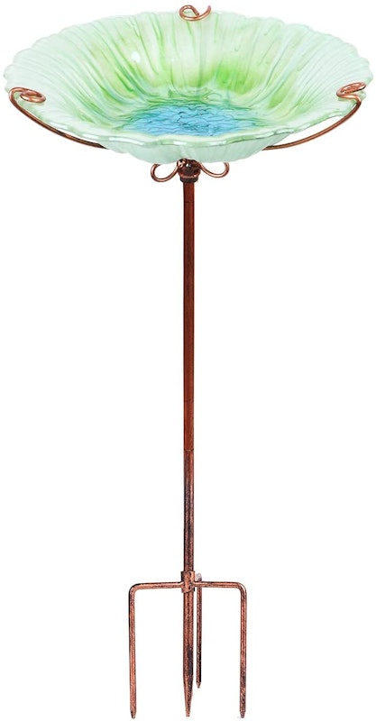 Free-Standing Glass Bird Bath with Metal Stake 1