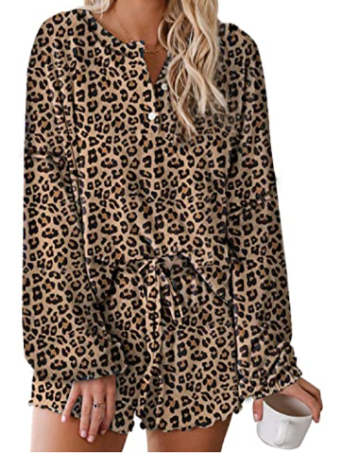 Womens Leopard Print Ruffle Short Pyjamas  1