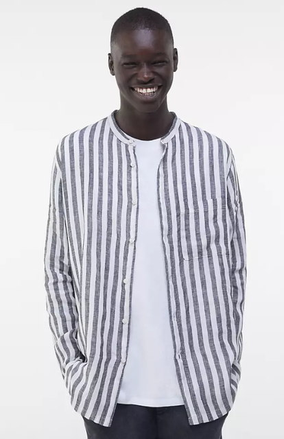 Linen Stripe Shirt With Grandad Collar 1