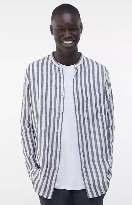 Linen Stripe Shirt With Grandad Collar 1