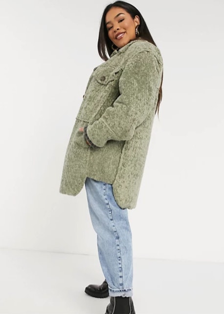 Curve Bonded Borg Shirt Shacket in Sage 1