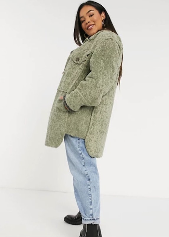 Curve Bonded Borg Shirt Shacket in Sage 1
