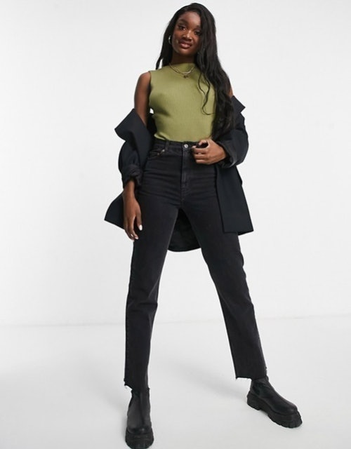 Tall Knitted Slash Neck Bodysuit in Khaki 3