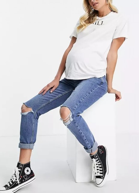 New Look Maternity Ripped Mom Jean in Mid Blue 1
